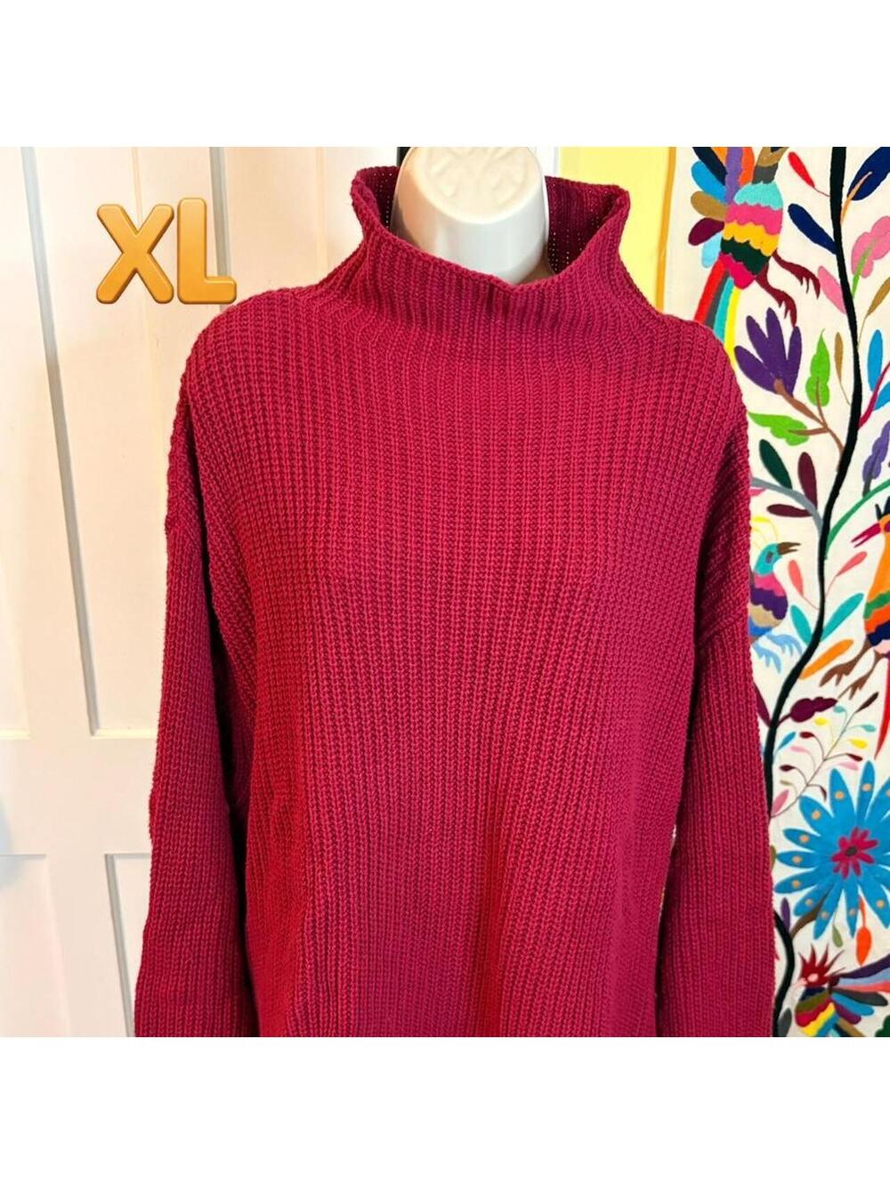 American Eagle Oversized magenta Ribbed Knit Turtleneck Sweater